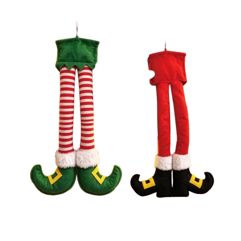 Elf leg christmas tree door decoration with two plush elf legs in green red stripes and solid red with yellow buckle shoes