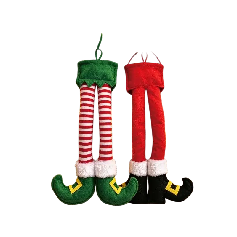Two plush elf leg christmas tree door decorations in green and red striped fabric and solid red velvet with yellow buckles