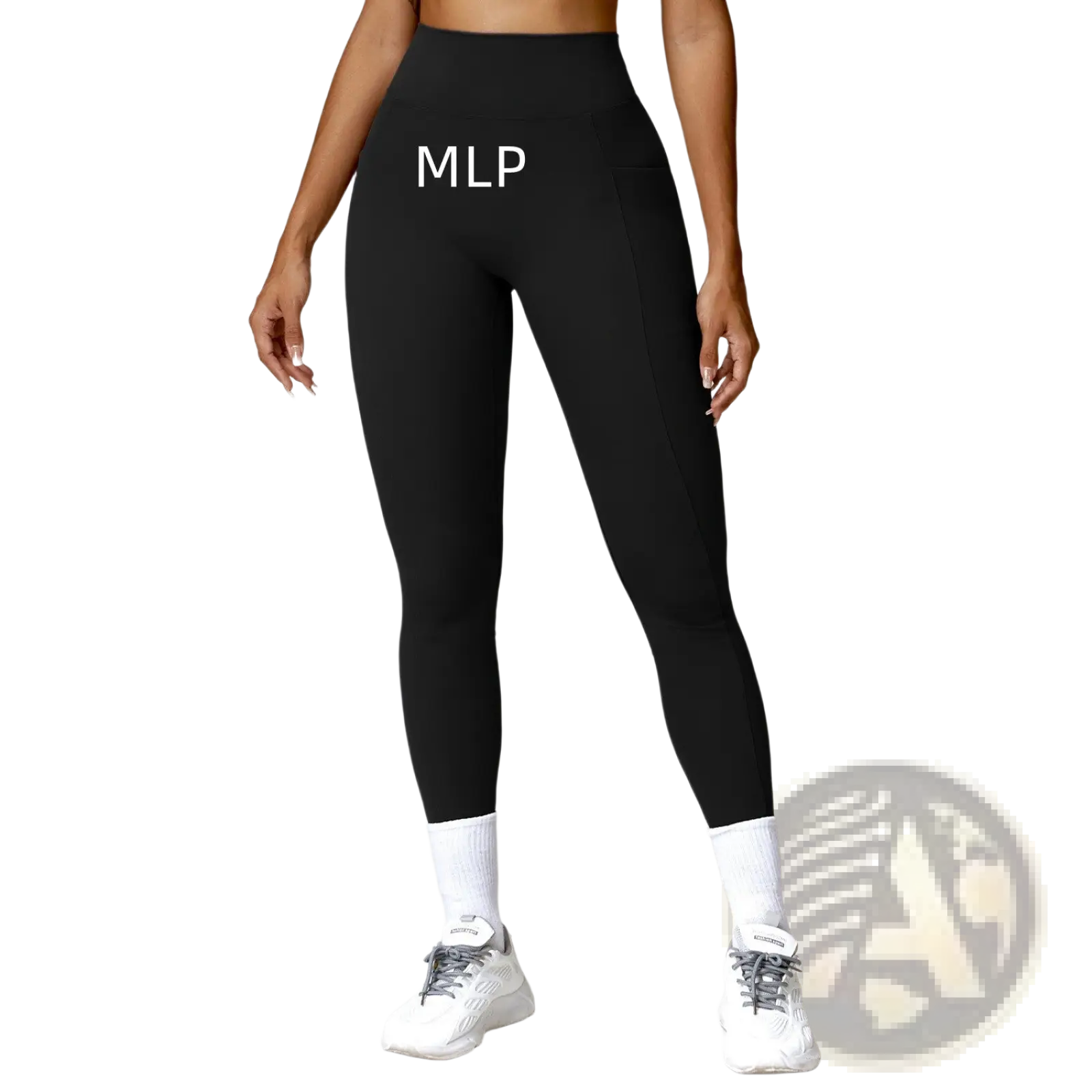 Elite high waisted athletic leggings in black with a sleek form fitting design and subtle side pockets