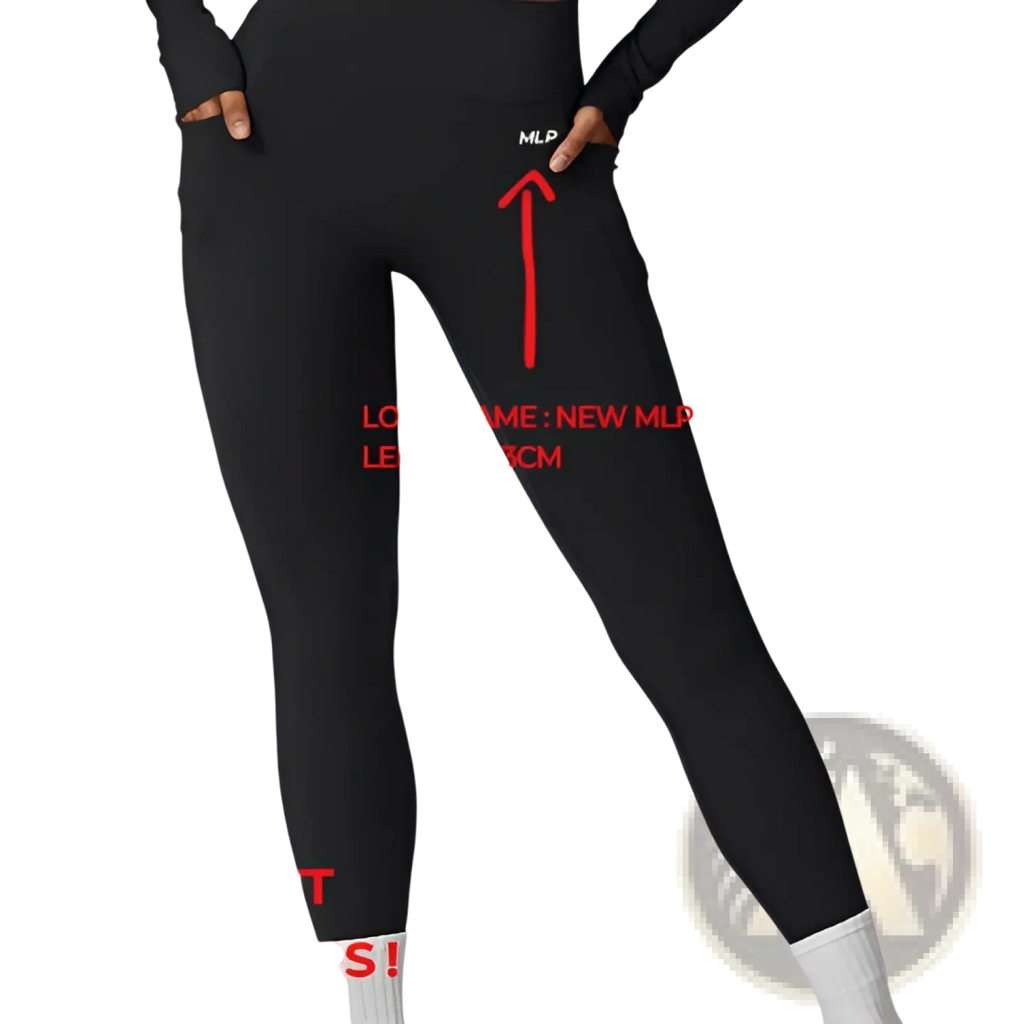 Black high waisted athletic leggings with a small white mlp logo on the upper thigh for enhanced performance