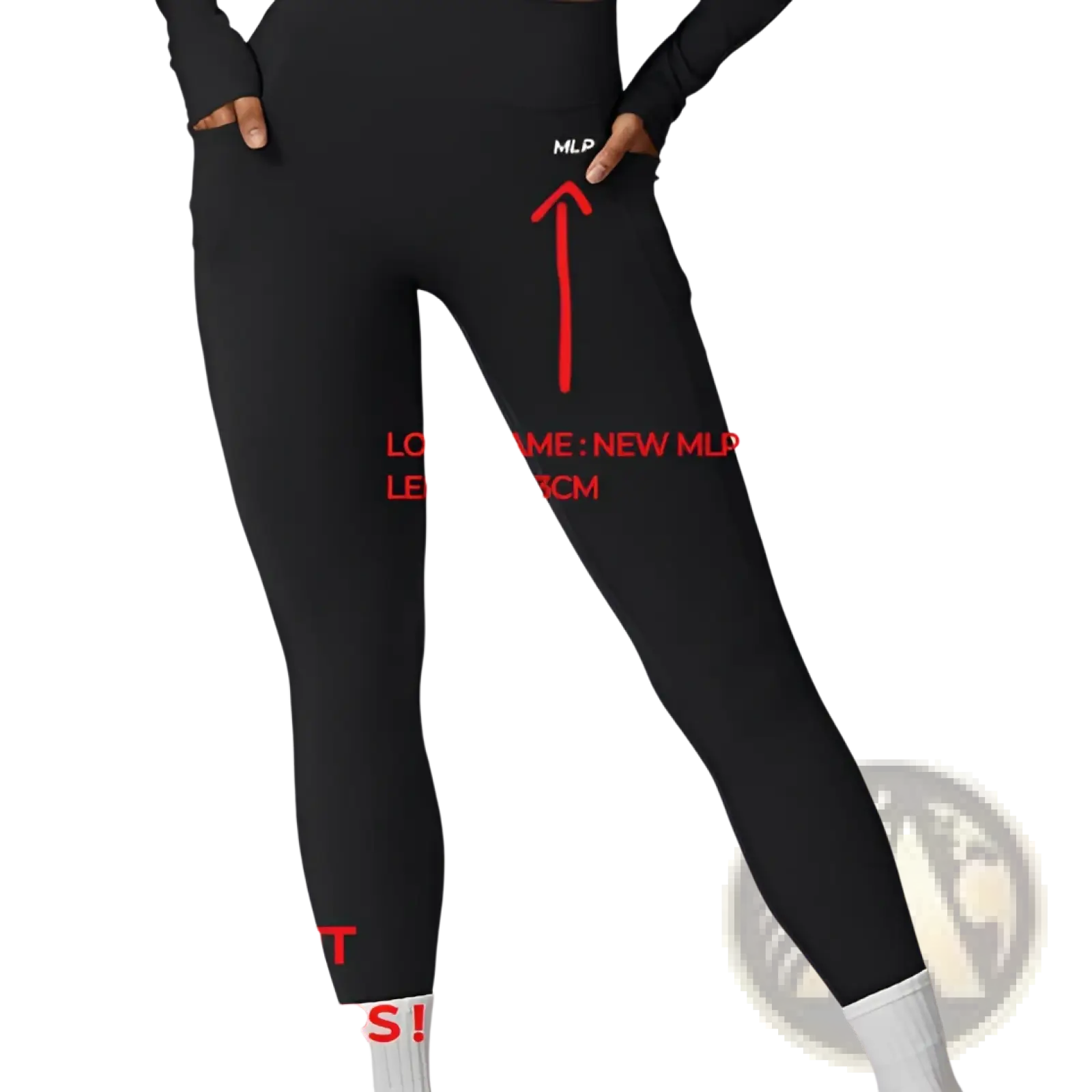 Black high waisted athletic leggings with a small white mlp logo on the upper thigh for enhanced performance