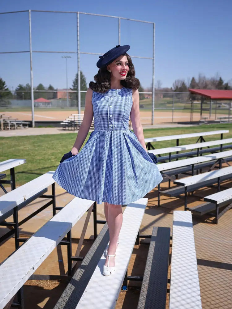 Elizabeth blue gingham vintage cotton sleeveless dress with button front bodice flared skirt and pockets