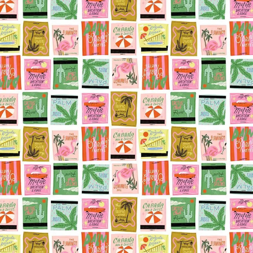 Elizabeth dress in paradise vintage cotton a-line with vibrant retro-style matchbook cover featuring pink flamingos and cacti