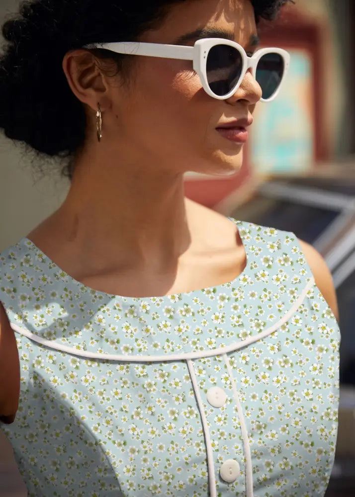 Elizabeth Petite floral cotton vintage flare dress in light blue with white floral pattern and matching white trim