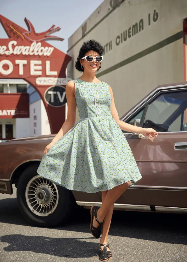 Elizabeth petite floral cotton vintage flare dress in light green with sleeveless fitted bodice and flared skirt