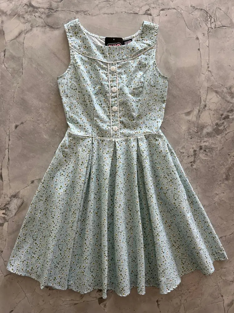 Elizabeth petite floral cotton vintage flare dress in sleeveless mint green with delicate floral pattern and button-front detailing