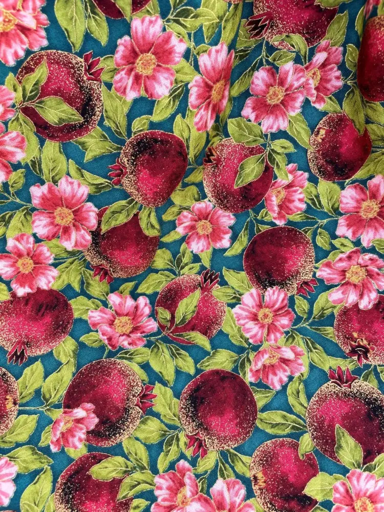 Elizabeth pomegranate floral cotton a line vintage dress in teal fabric with glossy red pomegranates and pink flowers