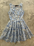 Elizabeth sky floral vintage cotton pleated dress sleeveless blue and white floral print with fitted bodice and button front