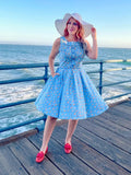 Elizabeth light blue floral vintage cotton A-line dress with fitted bodice and flared skirt