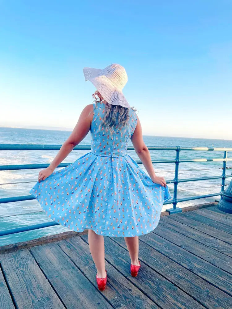 Elizabeth light blue floral vintage cotton a-line dress sleeveless with a delicate pattern and fitted waist