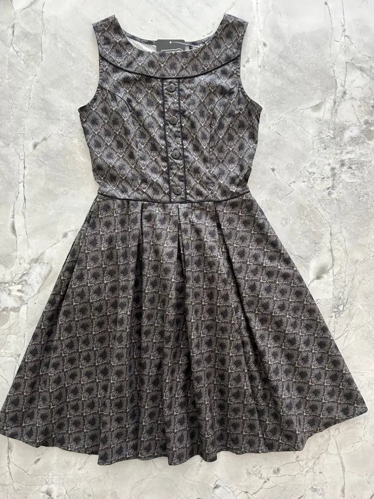Elizabeth dress sleeveless dark gray damask cotton midi with subtle geometric pattern and fitted bodice button details