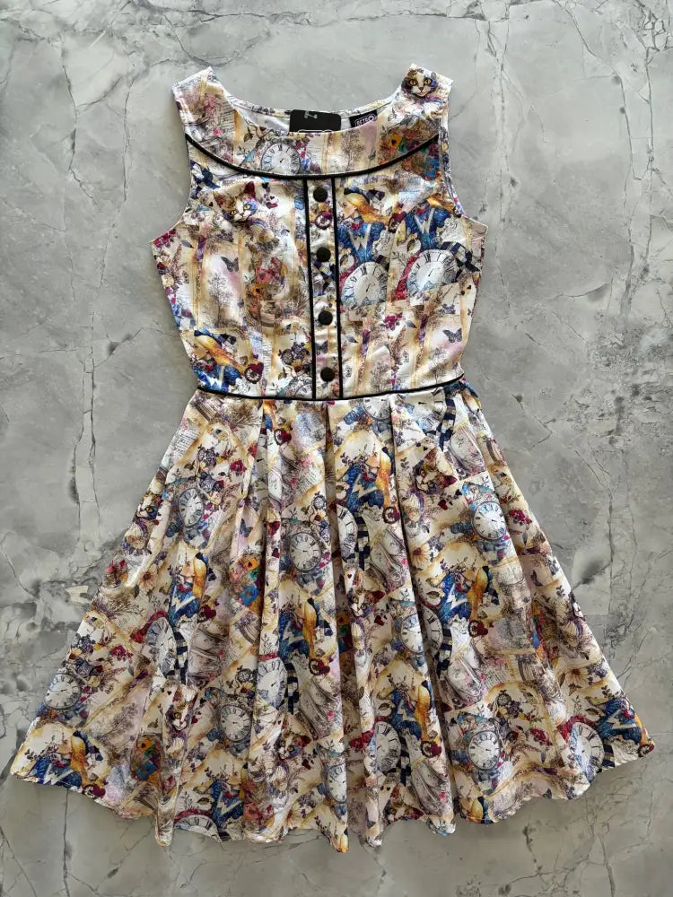 Elizabeth dress in wonderland vintage cotton midi dress sleeveless cream color clock and bird print with black trim