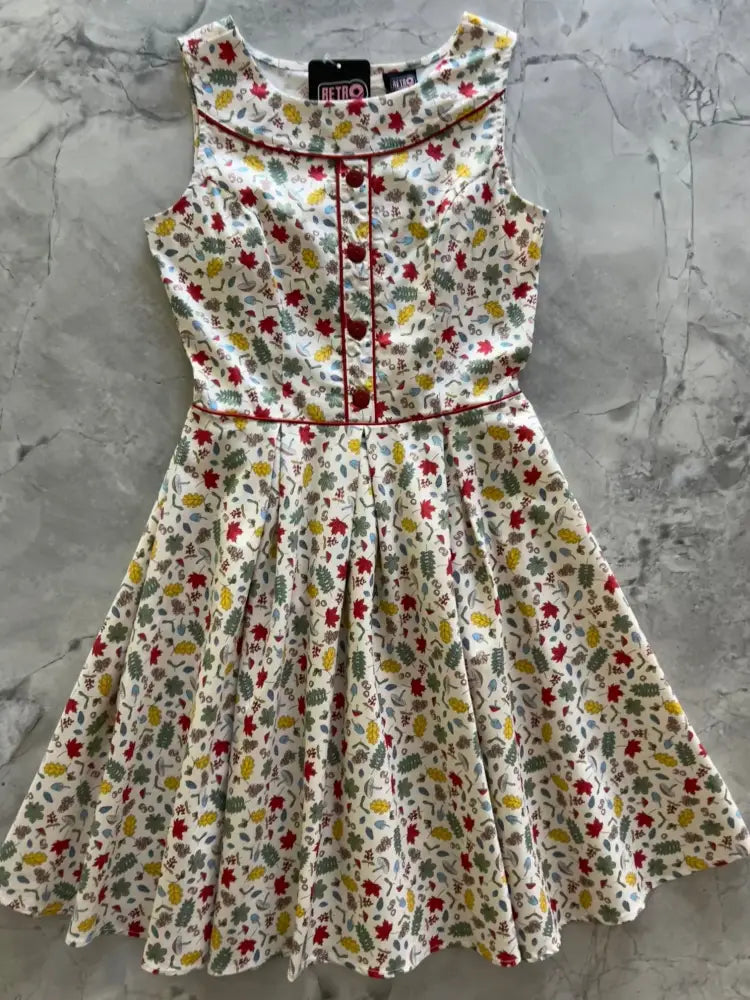 Elizabeth Woodlands vintage cotton sleeveless cream dress with floral pattern red yellow green leaves and red trim