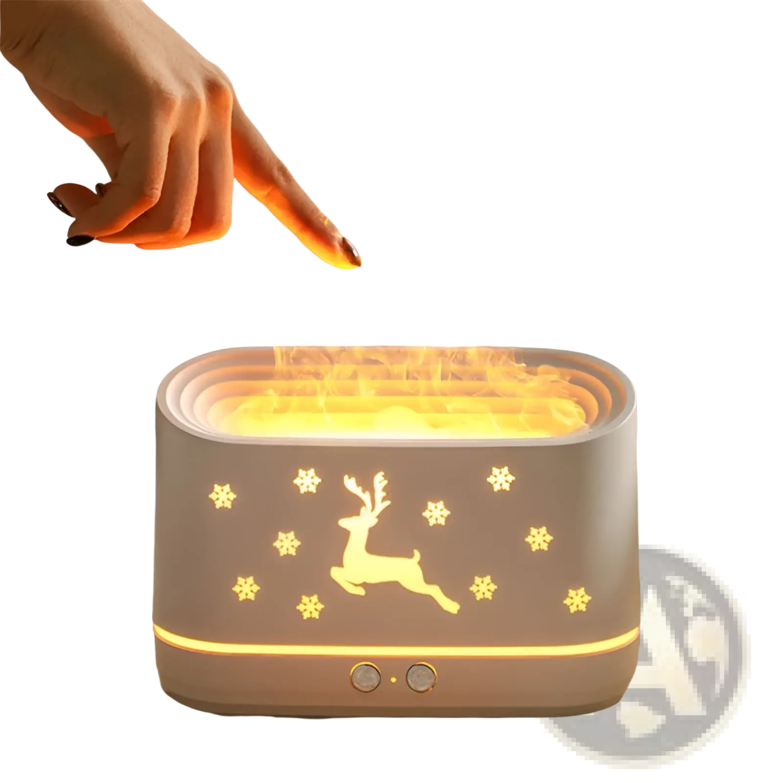 A sleek light gray ceramic elk flame humidifier with a glowing reindeer and snowflake design for Christmas use