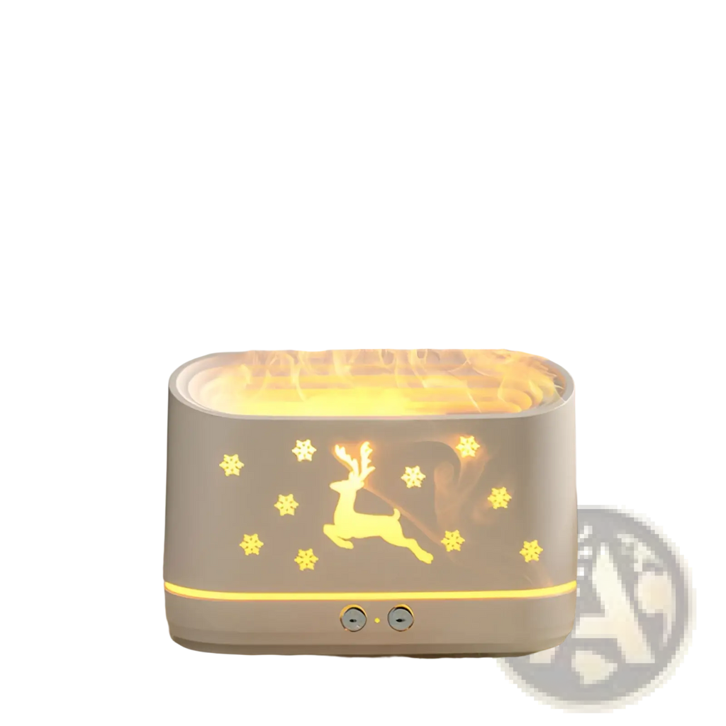 A white ceramic elk flame humidifier with glowing reindeer and snowflake design emitting warm light
