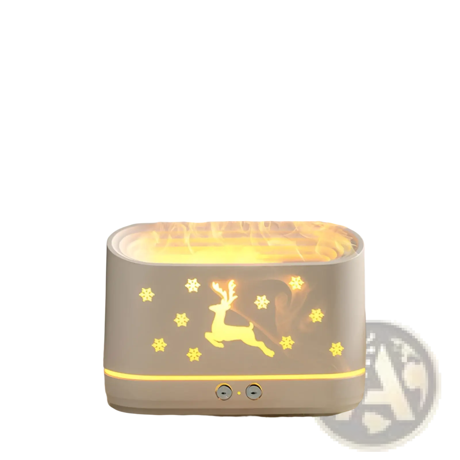 A white ceramic elk flame humidifier with glowing reindeer and snowflake design emitting warm light