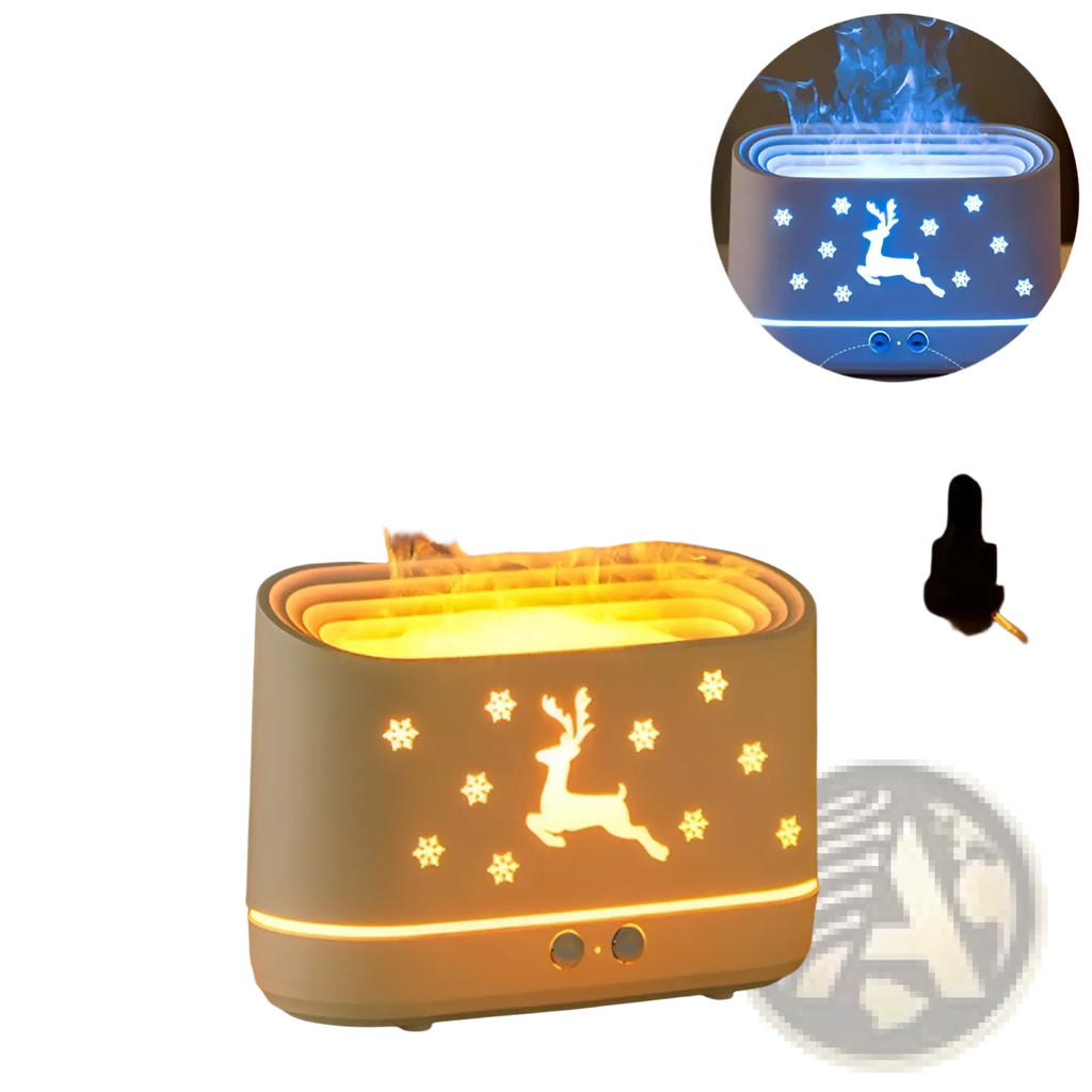 White ceramic elk flame humidifier Christmas oil diffuser with glowing reindeer and snowflake design emitting warm light