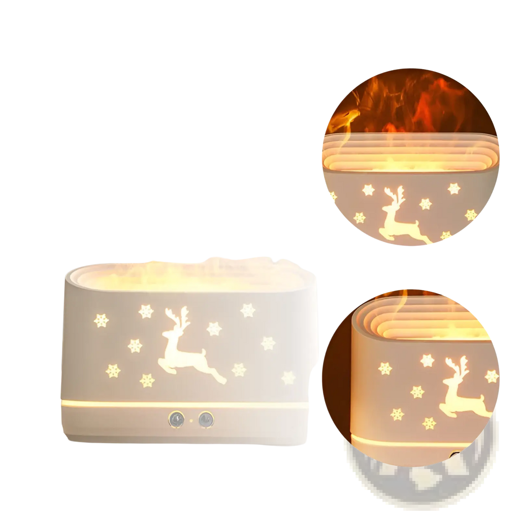 White ceramic elk flame humidifier oil diffuser with reindeer and snowflake design emitting warm light