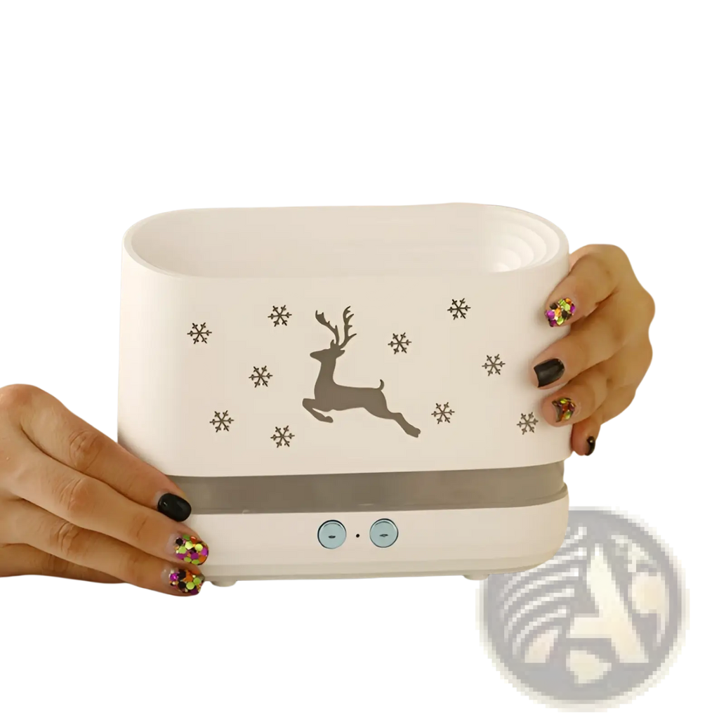 White ceramic elk flame humidifier with gray reindeer and snowflake design and blue control buttons for Christmas use
