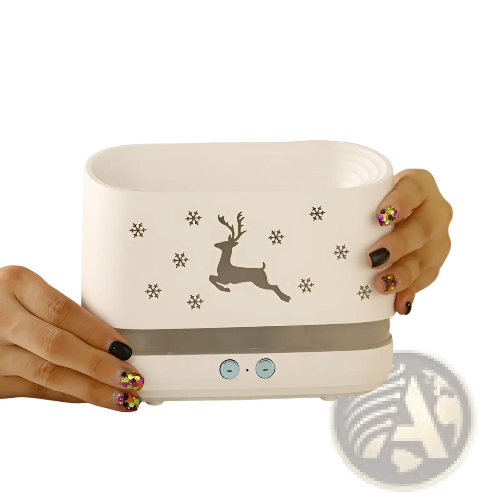 White ceramic elk flame humidifier with gray reindeer and snowflake design and blue control buttons for Christmas use