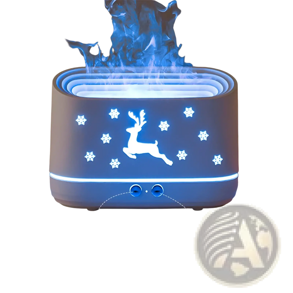 White ceramic elk flame humidifier Christmas oil diffuser with glowing blue reindeer and snowflake design emitting mist