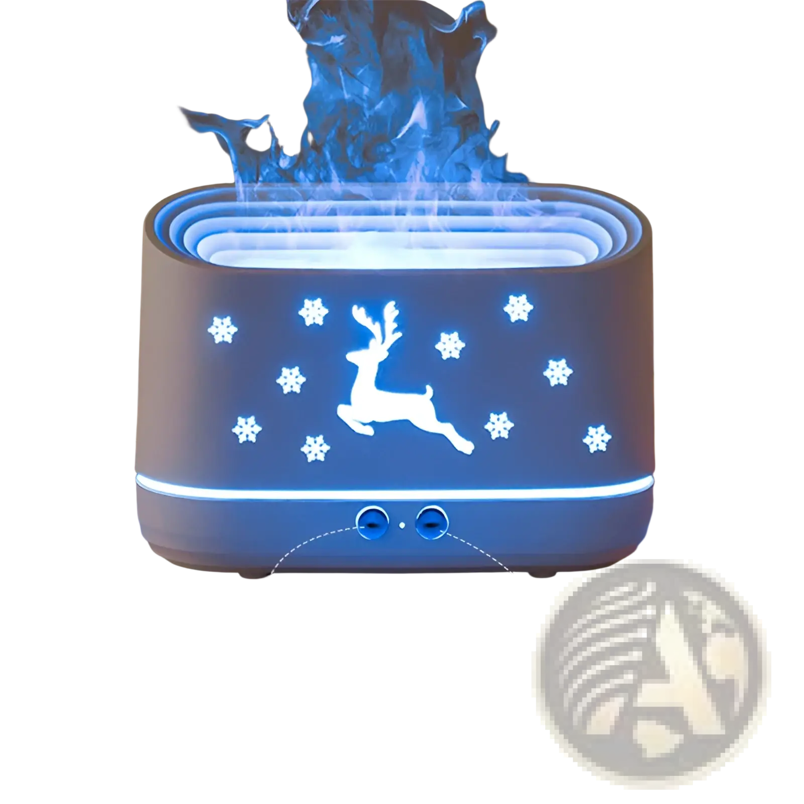 White ceramic elk flame humidifier Christmas oil diffuser with glowing blue reindeer and snowflake design emitting mist