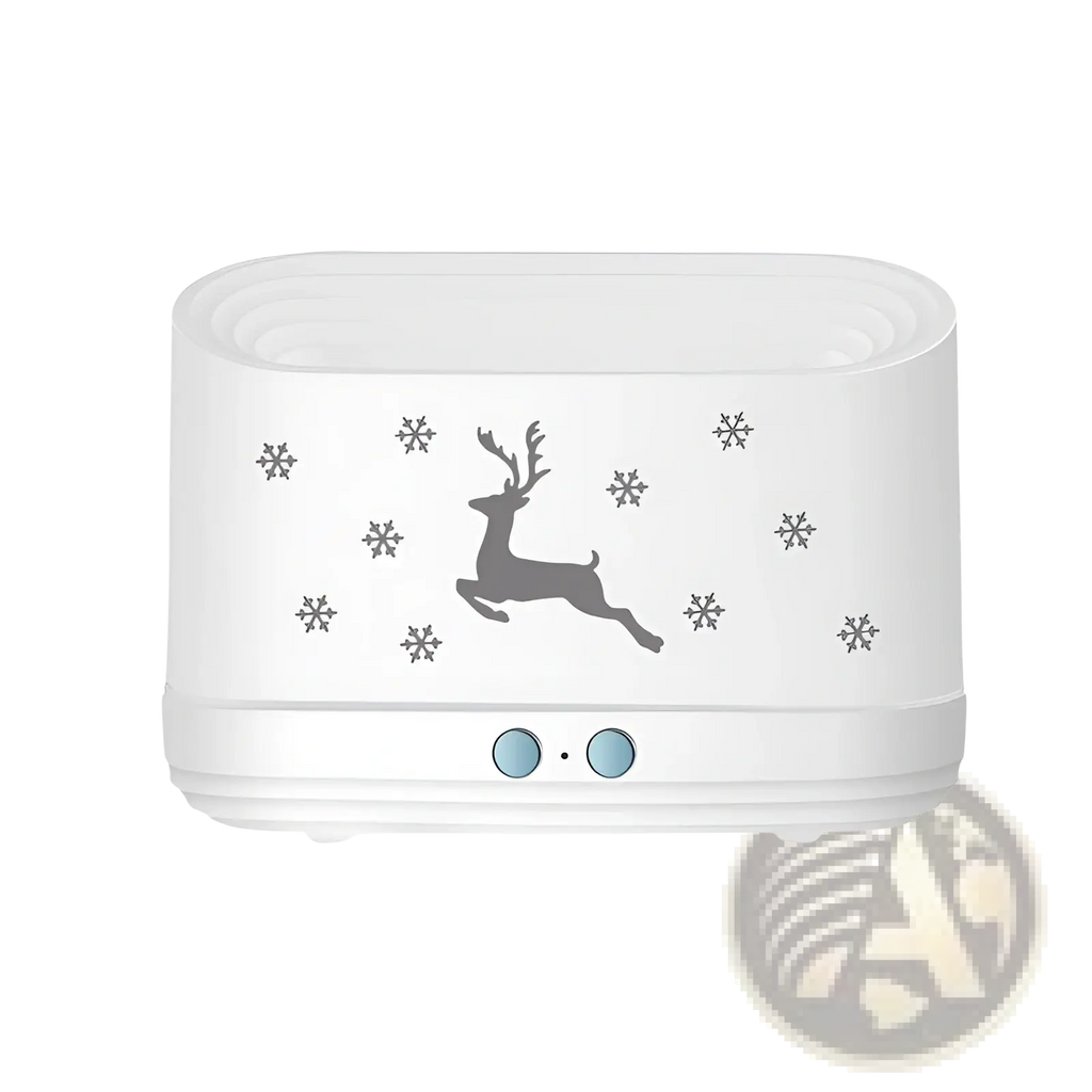 White ceramic elk flame humidifier diffuser with gray reindeer and snowflake design for christmas use