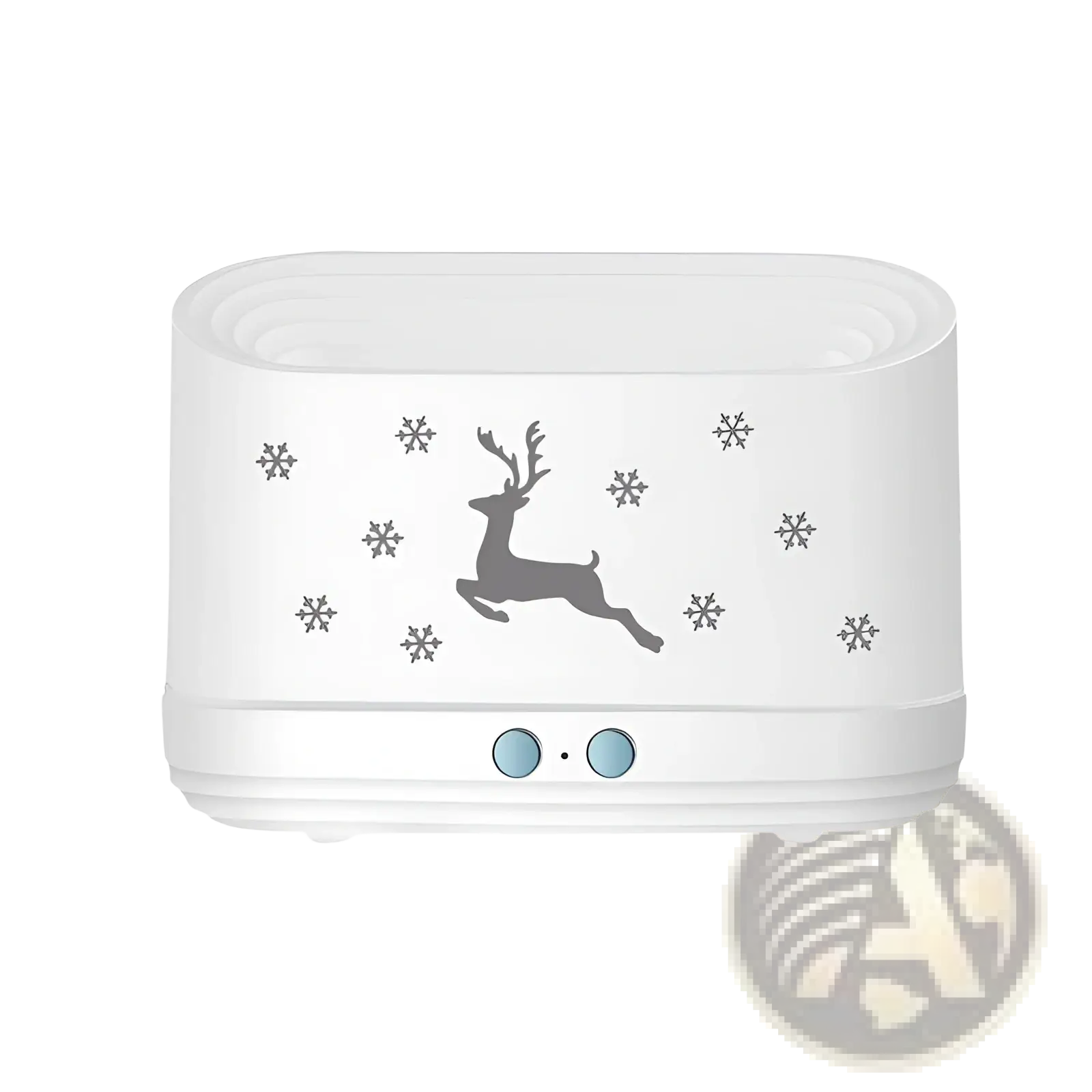 White ceramic elk flame humidifier diffuser with gray reindeer and snowflake design for christmas use