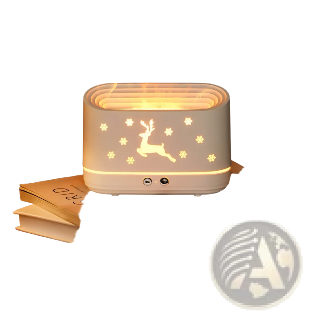 White ceramic elk flame humidifier christmas oil diffuser with glowing reindeer and snowflake design emitting warm light