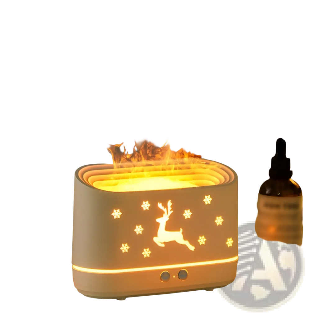 White ceramic Elk Flame humidifier with illuminated reindeer and snowflake design emitting warm orange vapor