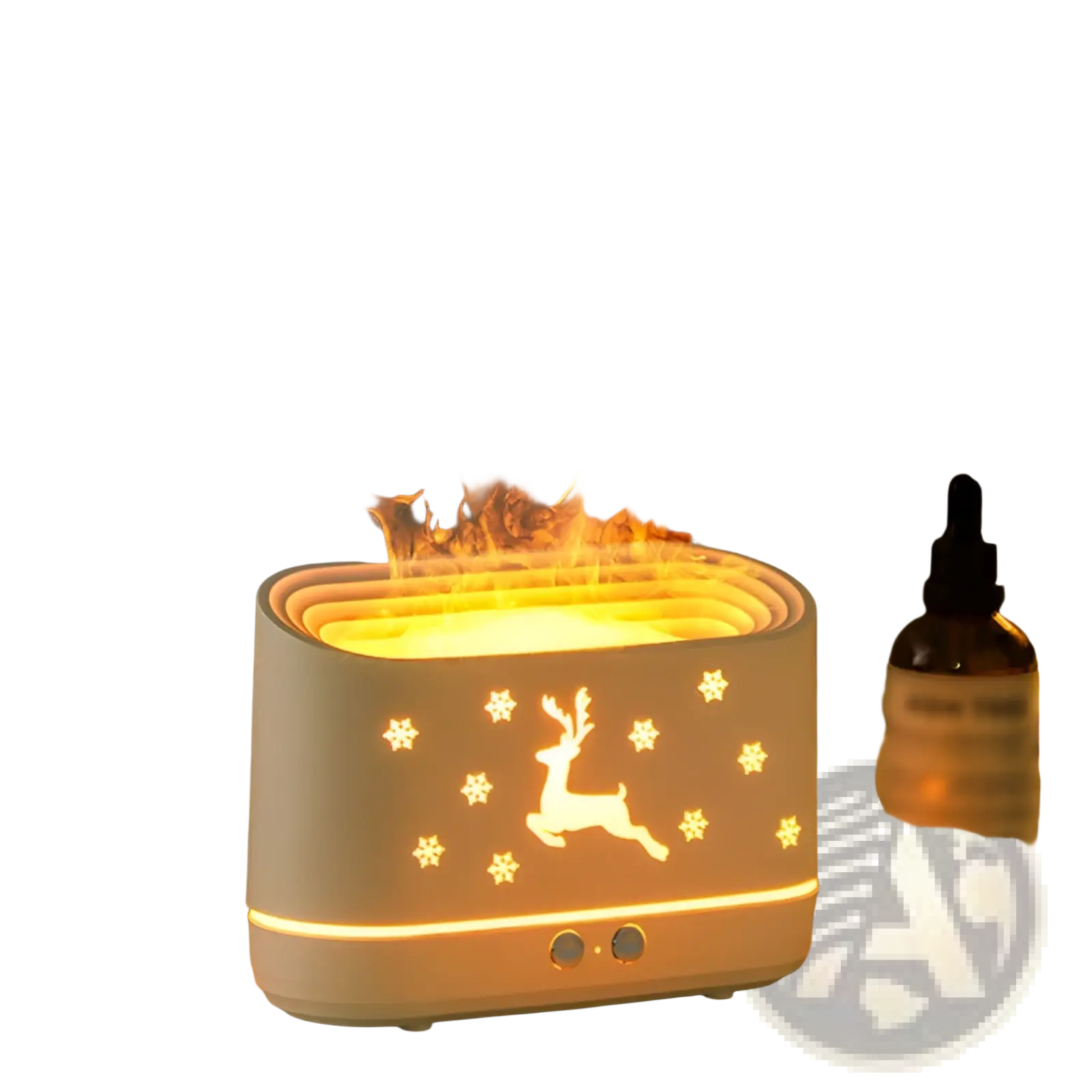 White ceramic Elk Flame humidifier with illuminated reindeer and snowflake design emitting warm orange vapor