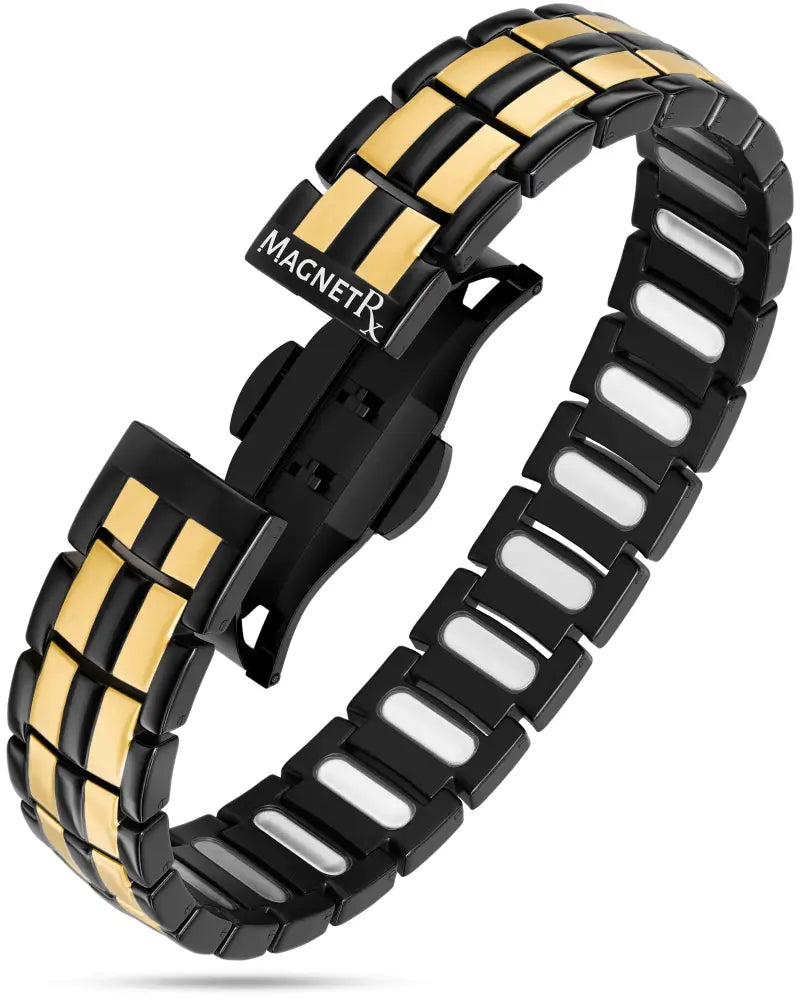 Black and gold two-tone stainless steel watch bracelet with magnetic clasp from ellipsemax titanium 5000 gauss magnetic bracelet for men