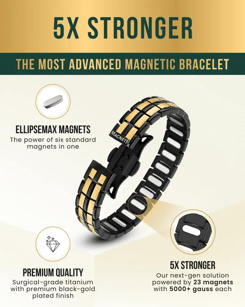 Black and gold-plated ellipsemax titanium 5000 gauss magnetic bracelet for men with sleek segmented design
