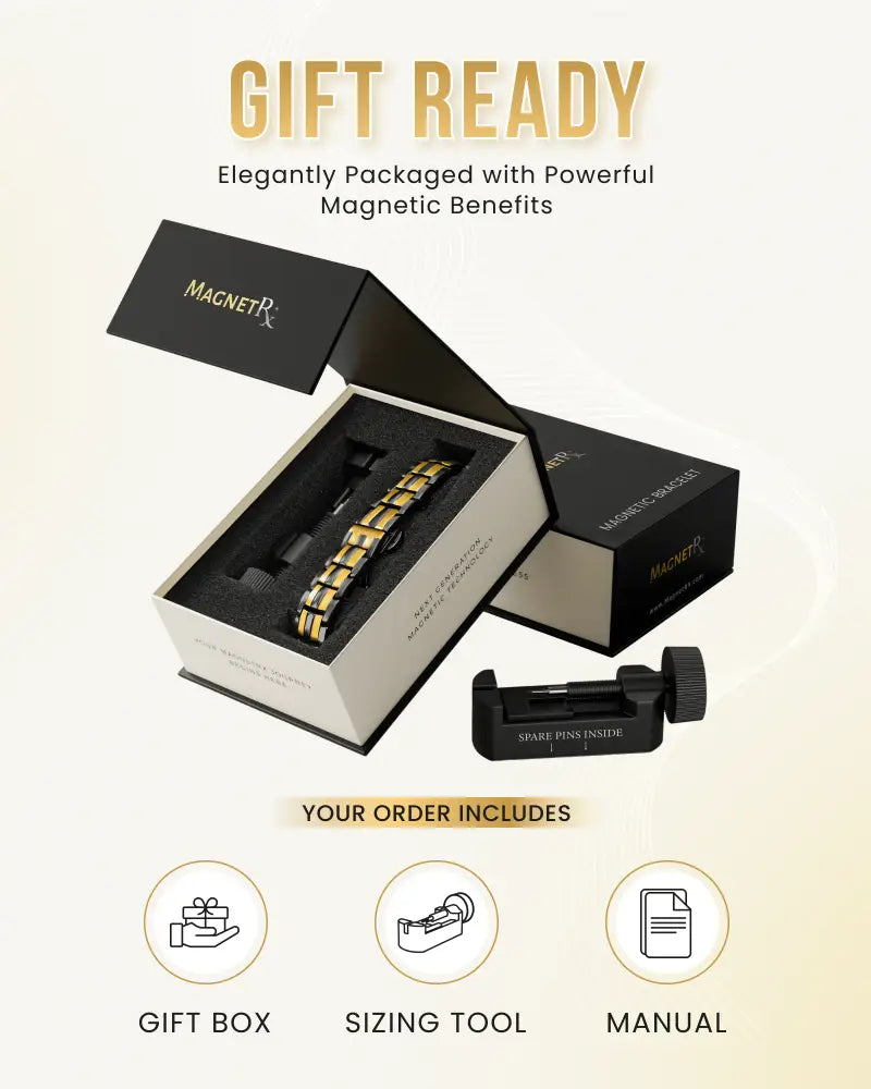 Ellipsemax titanium 5000 gauss magnetic bracelet for men in gold and black displayed in a gift box