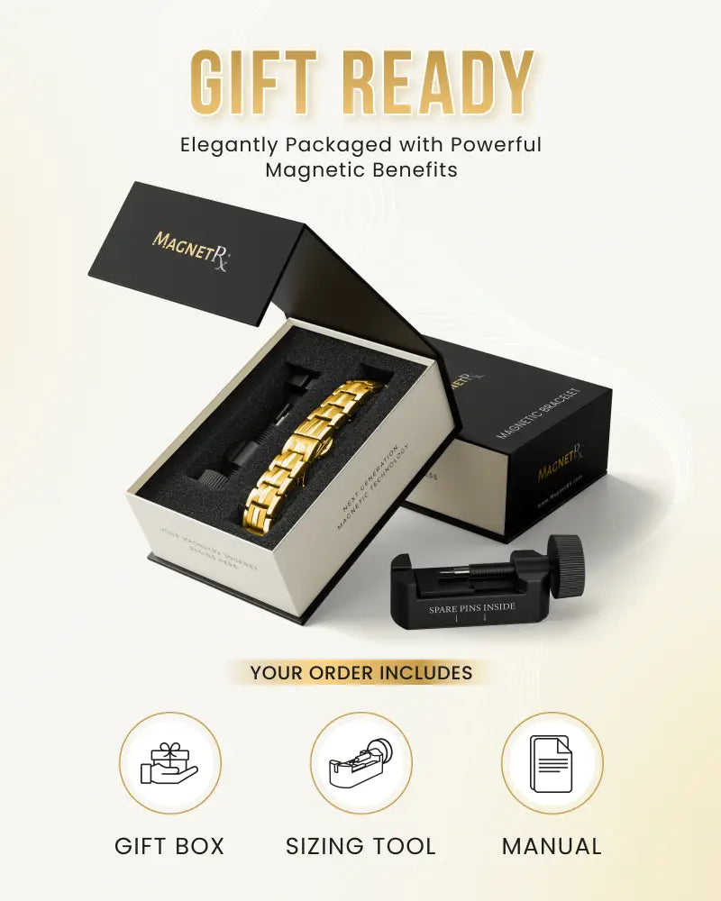 Gold titanium 5000 gauss magnetic bracelet displayed in a black and white gift box by ellipsemax