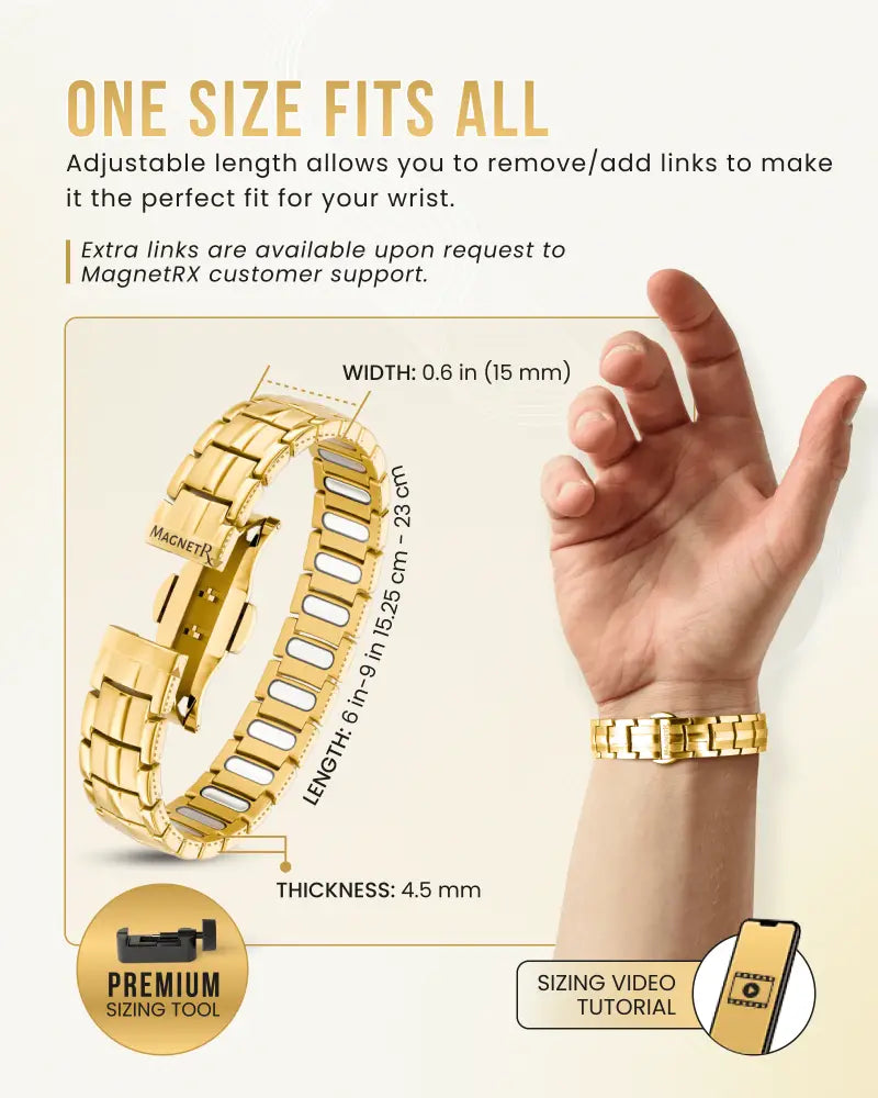 Ellipsemax gold titanium 5000 gauss magnetic bracelet with gold-toned adjustable metal watch band and magnetrx clasp branding