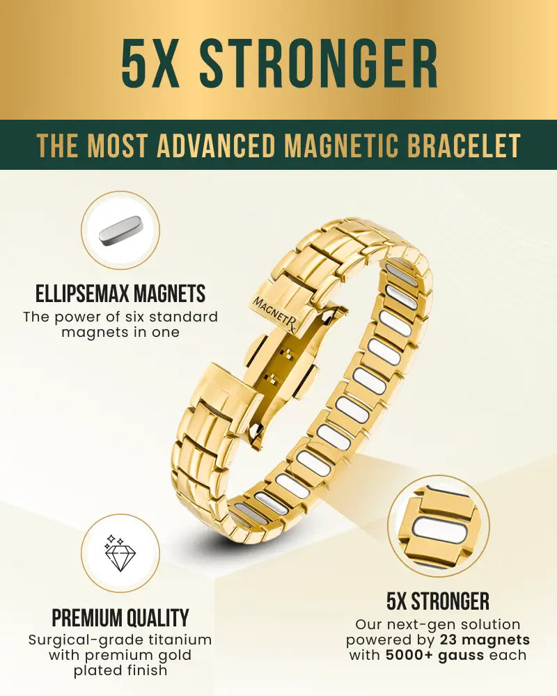 Ellipsemax gold titanium 5000 gauss magnetic bracelet with gold-plated surgical-grade titanium and engraved clasp