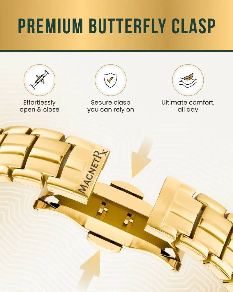 Gold-toned titanium bracelet with premium butterfly clasp engraved with magnetrx from Ellipsemax Gold Titanium 5000 Gauss magnetic bracelet