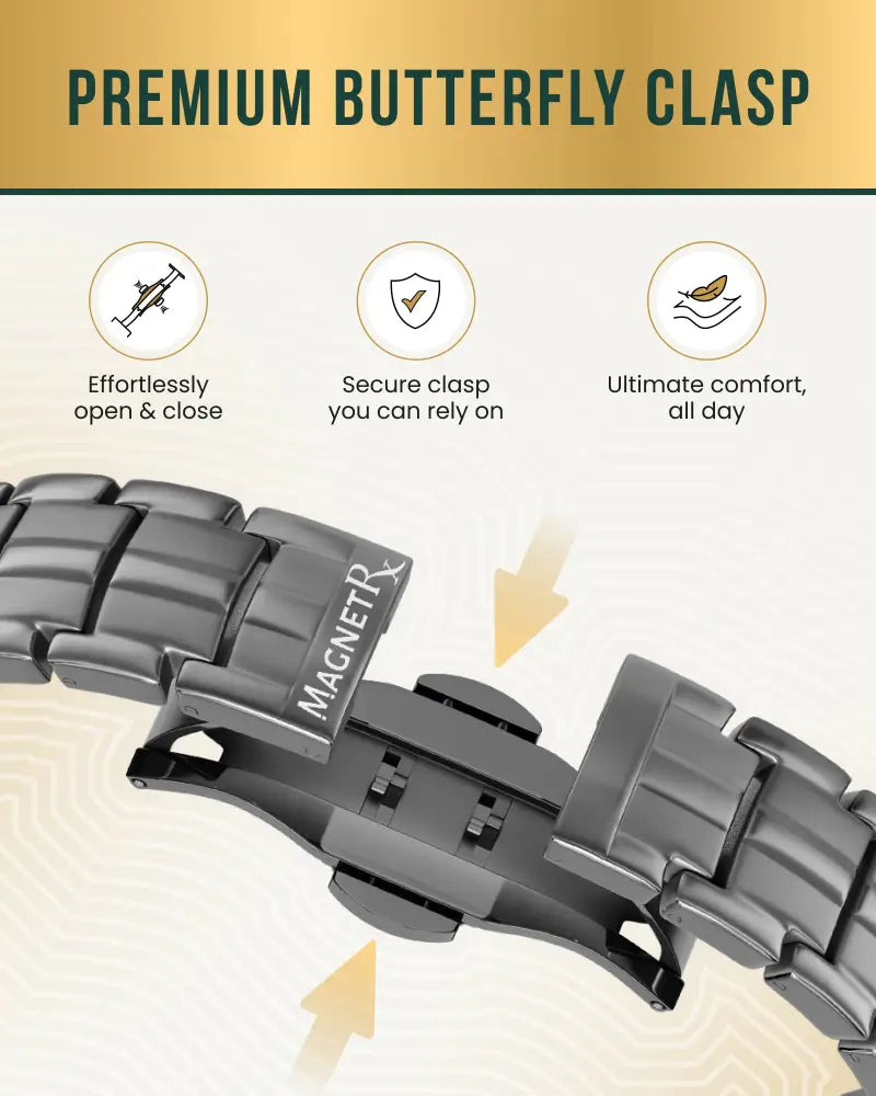 Black stainless steel watch bracelet with premium butterfly clasp featuring magnetrx brand on ellipsemax mens gunmetal titanium magnetic bracelet