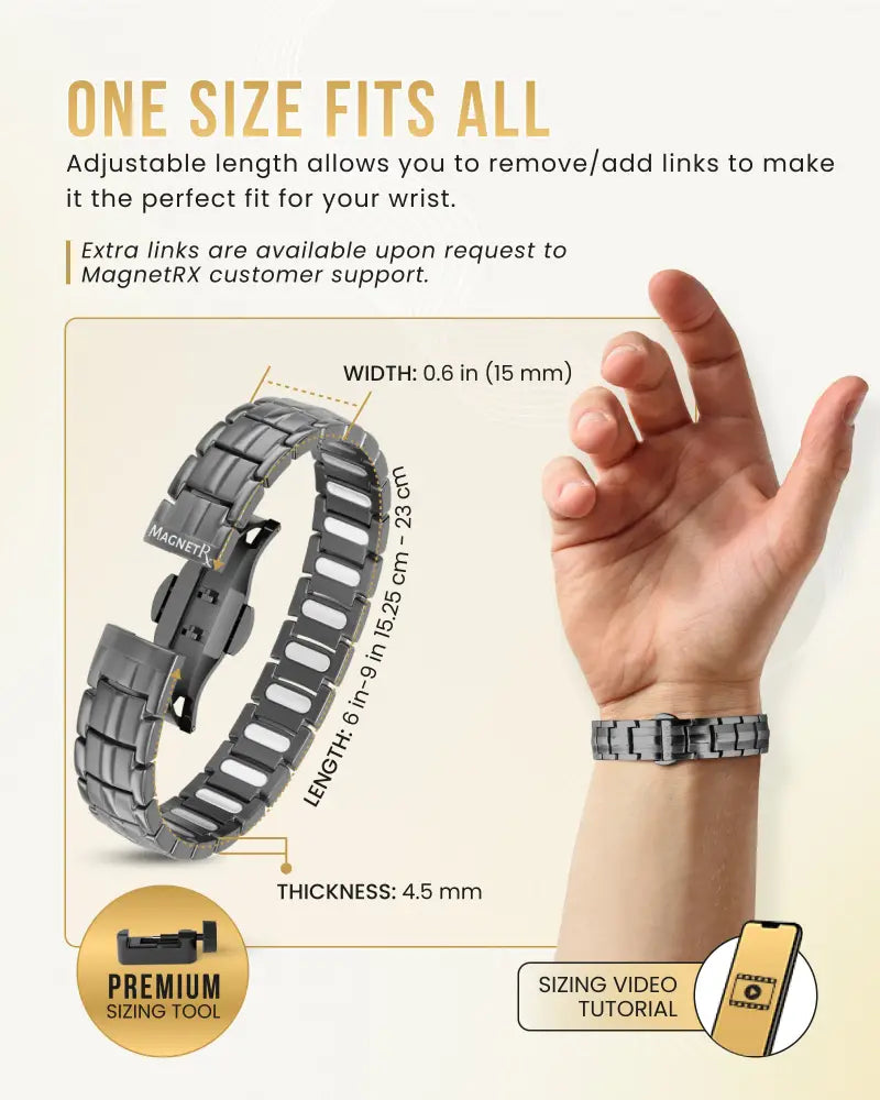 Ellipsemax men’s gunmetal titanium magnetic bracelet with a sleek gray adjustable link design and secure clasp