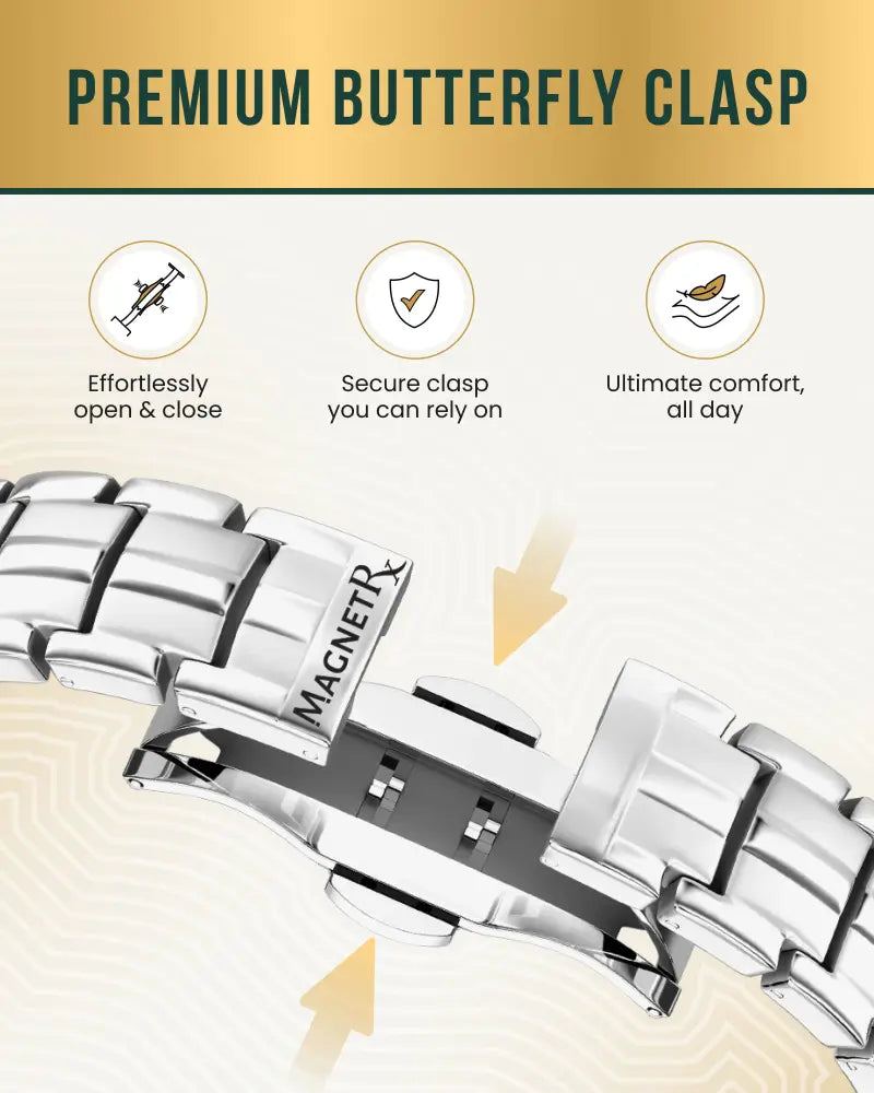 Silver-toned titanium magnetic link bracelet for men with premium butterfly clasp engraved magnetrx brand name on side