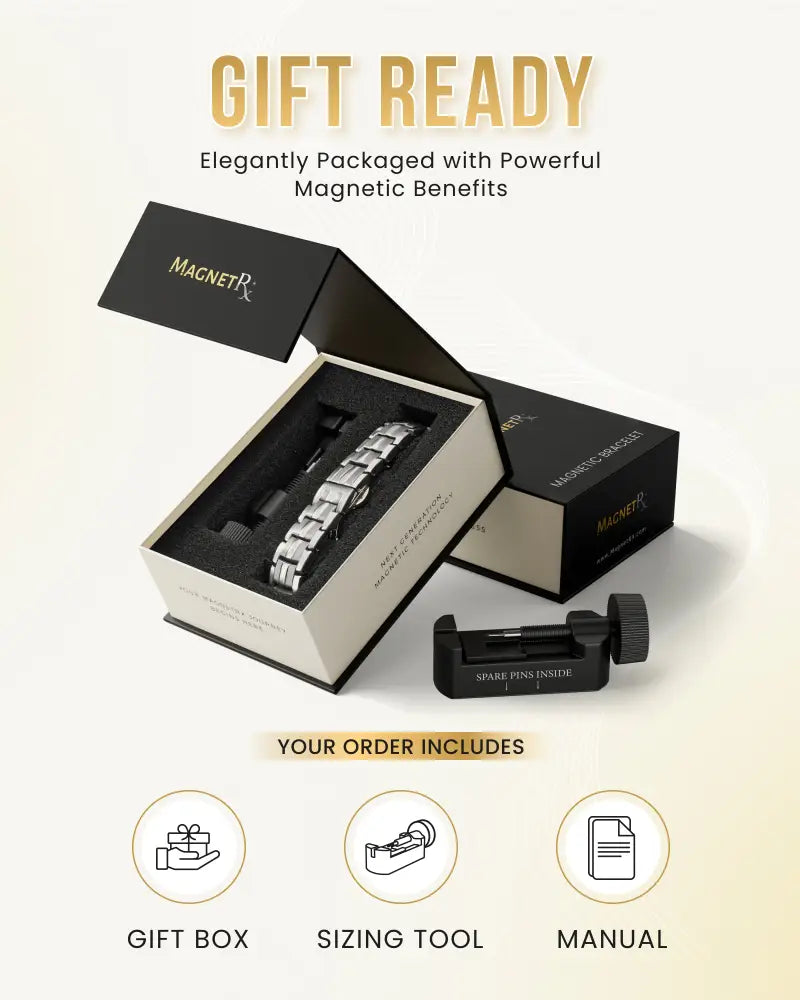 Ellipsemax silver titanium magnetic link bracelet for men displayed in a sleek black and white gift box