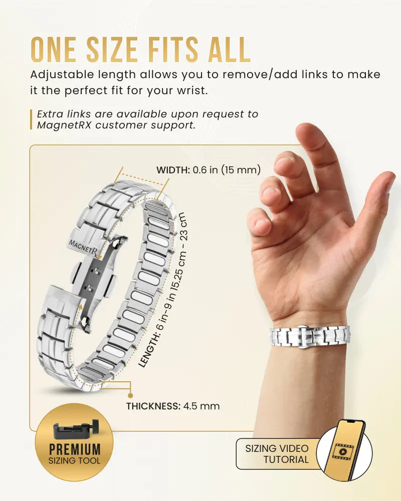 Ellipsemax silver titanium magnetic link bracelet for men with a silver metallic magnetic watch band and adjustable interlocking links