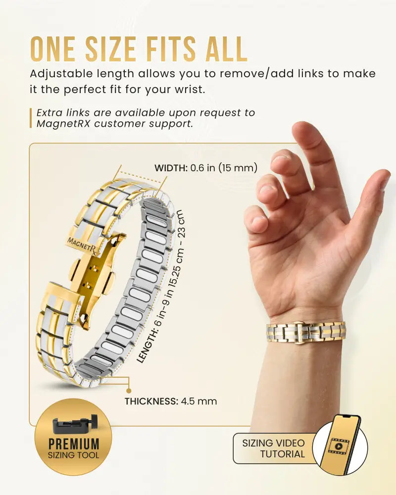 Ellipsemax titanium 5000 gauss two tone magnetic bracelet with a sleek silver and gold adjustable link band
