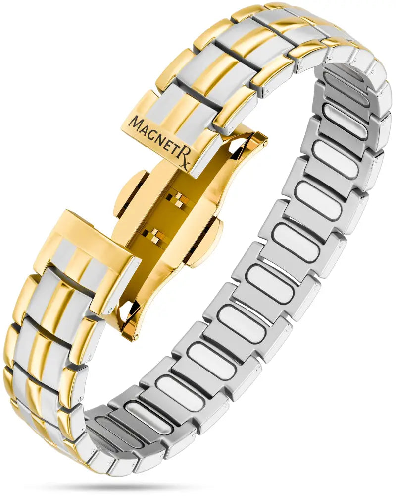 Two-tone stainless steel Ellipsemax Titanium 5000 Gauss magnetic bracelet with gold and silver links and engraved clasp