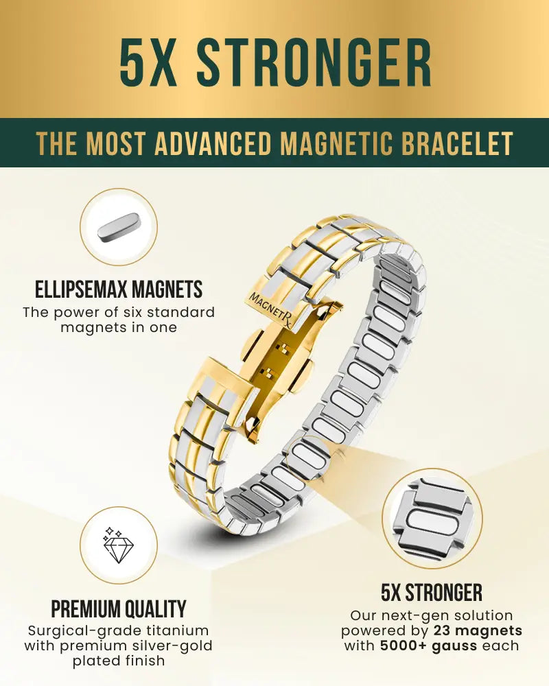 Ellipsemax titanium 5000 gauss two tone magnetic bracelet with alternating silver and gold surgical-grade titanium links