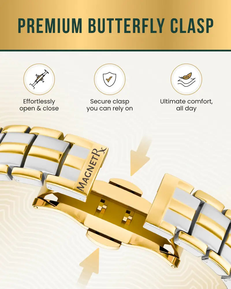 Gold and silver two tone stainless steel bracelet with premium butterfly clasp featured in Ellipsemax Titanium 5000 Gauss magnetic bracelet
