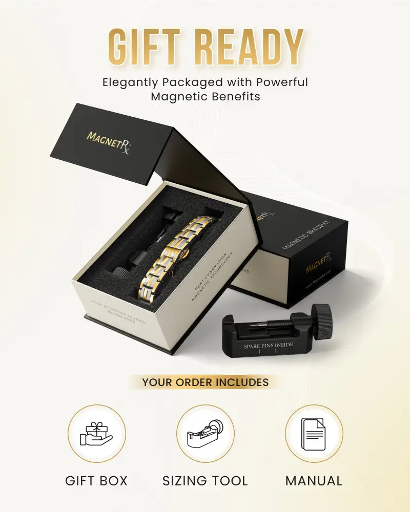 Ellipsemax titanium 5000 gauss two tone magnetic bracelet with gold-toned sleek interlocking link design