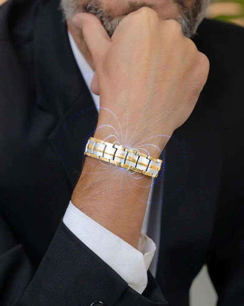 Ellipsemax titanium 5000 gauss two tone magnetic bracelet with sleek two-tone gold and silver interlocking links