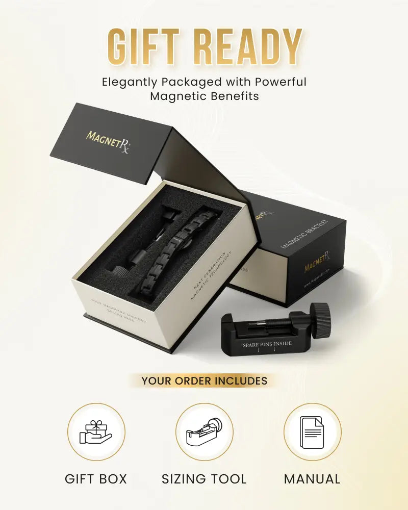 Ellipsemax black titanium magnetic link bracelet with sleek design includes matching sizing tool and manual